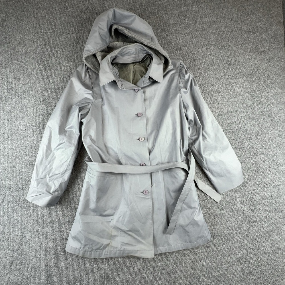 Vintage London Fog Rain Coat Womens 16 Gray Hooded Belted USA Water Resistant
